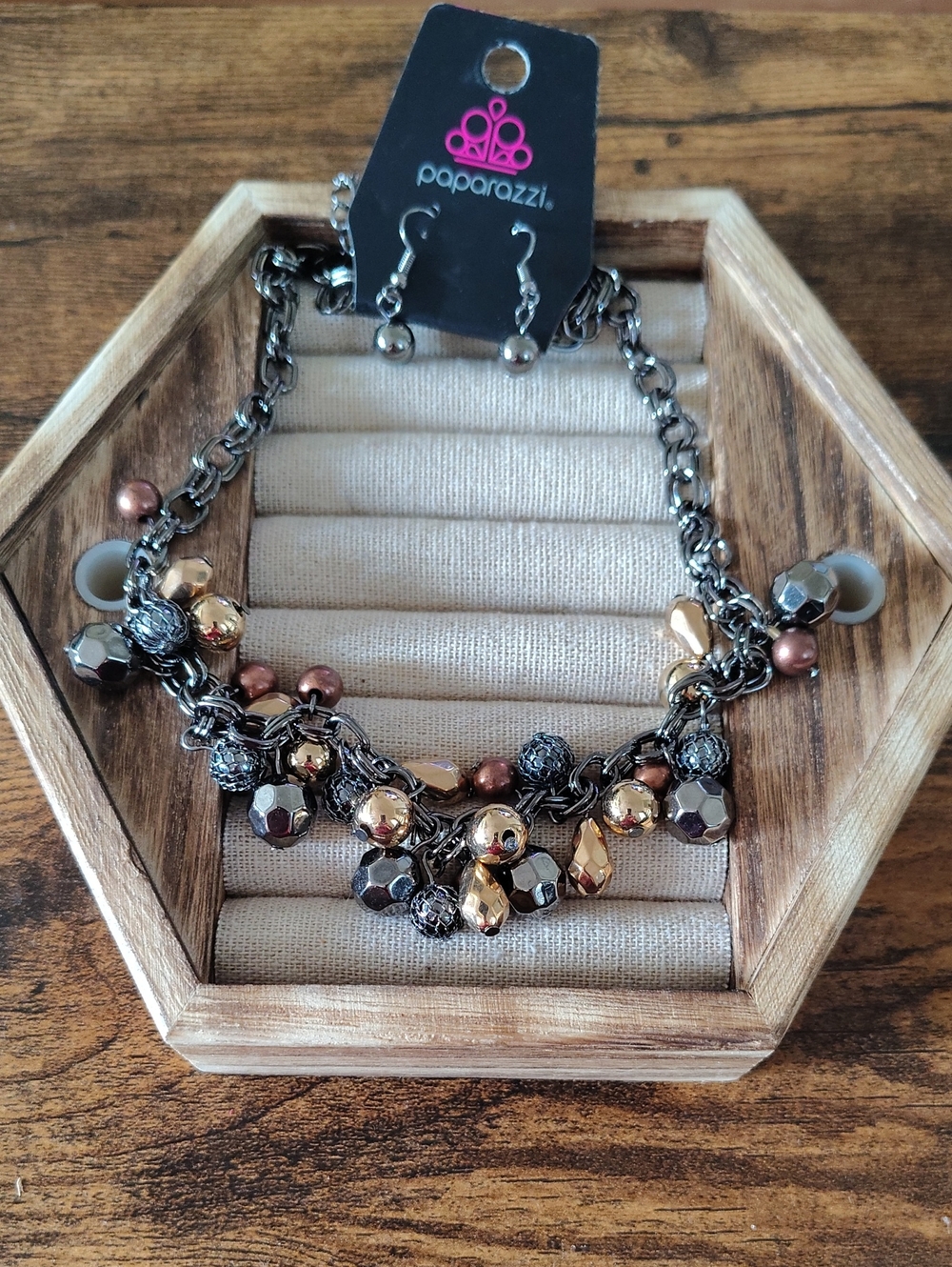 paparazzi Gold, Gunmetal & Bronze Multi-Bead Cluster Necklace